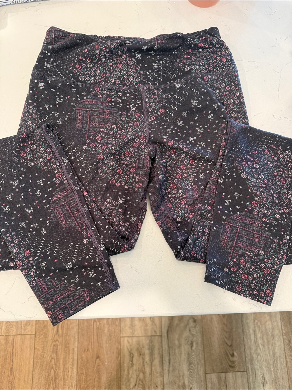 Black Floral Print Leggings with Pink Accents